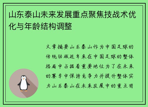 山东泰山未来发展重点聚焦技战术优化与年龄结构调整