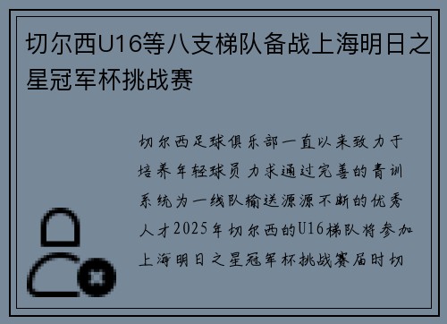 切尔西U16等八支梯队备战上海明日之星冠军杯挑战赛