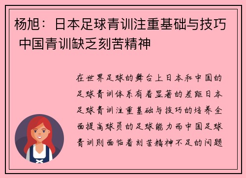 杨旭：日本足球青训注重基础与技巧 中国青训缺乏刻苦精神
