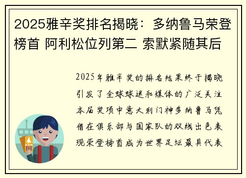 2025雅辛奖排名揭晓：多纳鲁马荣登榜首 阿利松位列第二 索默紧随其后